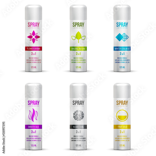Set vector mock-up of empty and clean white glossy metal spray bottle with cap. Design template 3d plastic container for branding, advertising, identity. Blank package isolated on white background.