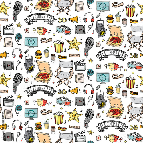 Seamless pattern Hand drawn doodle Cinema set. Vector illustration. Movie making icons. Film symbols collection. Cinematography freehand: camera, film tape, photo camera, pizza, popcorn, projector.