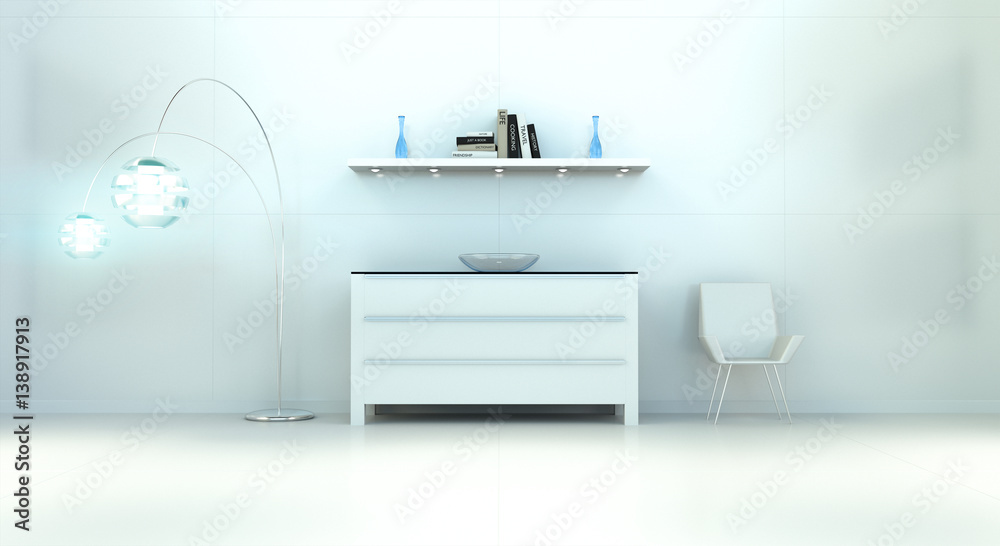 Modern white blue interior with chest of drawers and shelve 3D rendering Modern white blue interior with chest of drawers and shelve 3D rendering