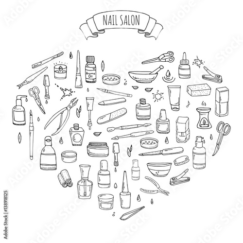 Hand drawn doodle Nail salon icons set. Vector illustration. Manicure accessories collection. Cartoon various sketch pedicure tools elements: polish, bottle, brush, varnish, scissors, lotion, cream