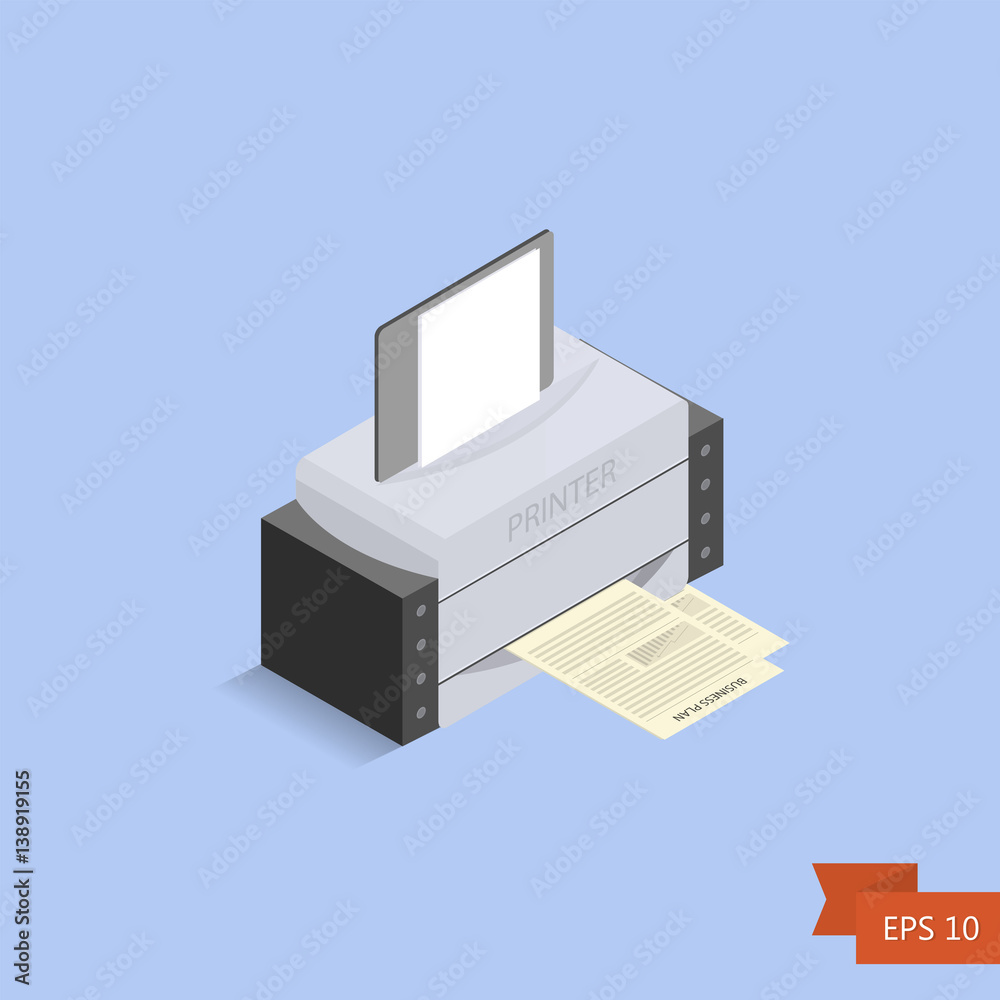 Printer isometric on blue background. Vector. Isometric office printed machine with paper sheet and documents. Isolated on white. Easy to edit illustration. Flat simple style Printer isometric on blue background. Vector. Isometric office printed machine with paper sheet and documents. Isolated on white. Easy to edit illustration. Flat simple style