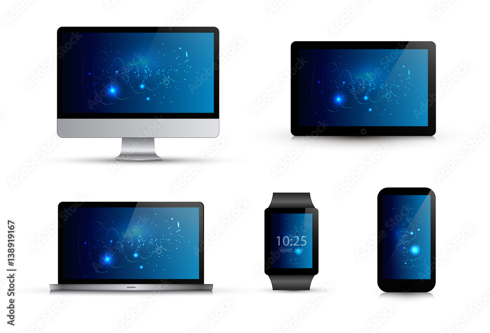 Set of realistic electronic gadgets. Abstract blue wallpaper. Computer  monitor, laptop,smart watch, mobile phone, tablet. Isolated vector  illustration. Mock up template. Stock Vector | Adobe Stock