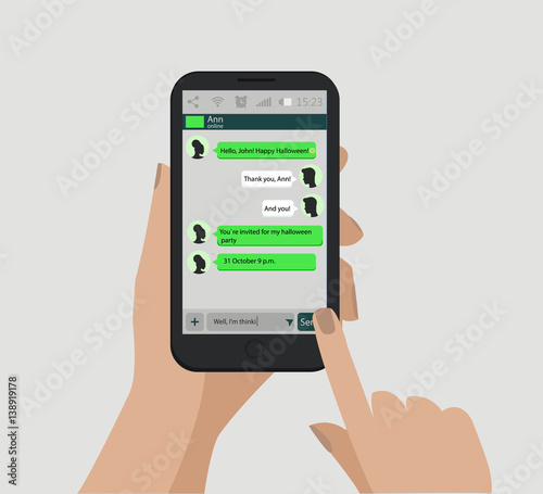 Hands holding smart phone. Social network concept. Vector. Messenger window. Chating and messaging concept.