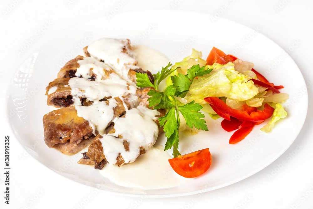 Plate of vegetables and meal of minced meat with mushrooms isolated at white background. Plate of vegetables and meal of minced meat with mushrooms isolated at white background.