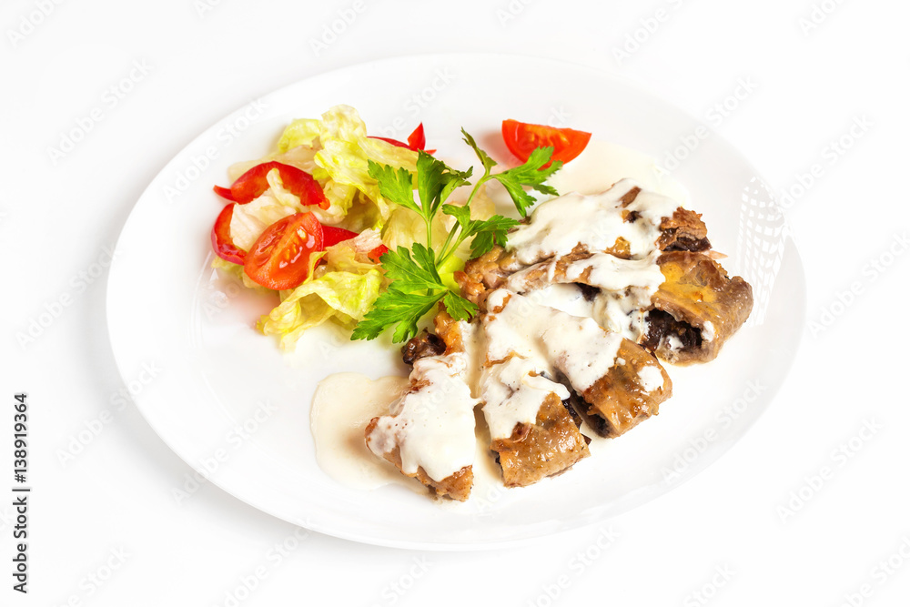 Plate of vegetables and meal of minced meat with mushrooms isolated at white background. Plate of vegetables and meal of minced meat with mushrooms isolated at white background.