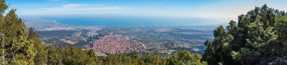 Panoramic view of Litochoro village and the Thermaikos Gulf as seen from the slopes of Olympus mountain in Greece