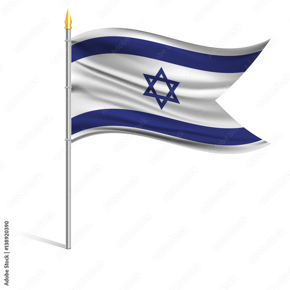 The national flag of Israel on a pole. The wavy fabric. The sign and symbol of the country. Realistic vector. The national flag of Israel on a pole. The wavy fabric. The sign and symbol of the country. Realistic vector.