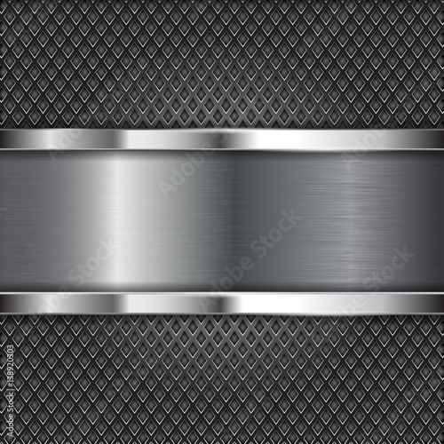 Metal perforated background with brushed steel plate. Diamond shape holes