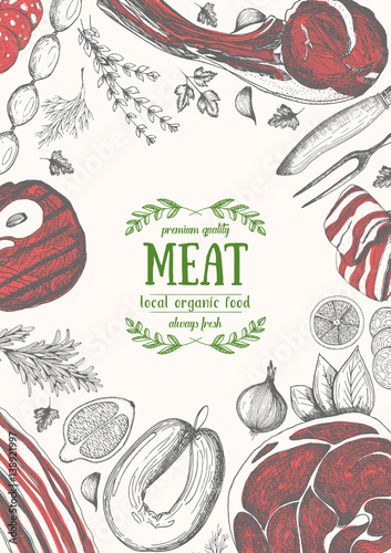 Vintage meat frame. Vector illustration. Linear graphic design. Hand drawn illustration. Meat design template.