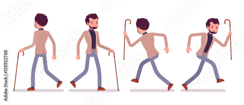 Set of dandy in walking and running poses, rear, front
