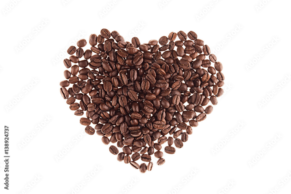 Heart of heap roasted coffee beans isolated on white background. Heart of heap roasted coffee beans isolated on white background.