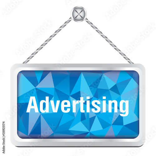 Advertising sign with silver metallic frame hanging on the wall