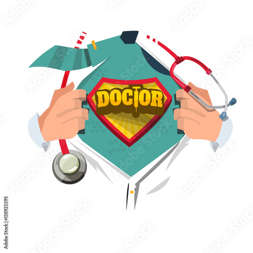 Doctor with stethoscope open shirt to show 