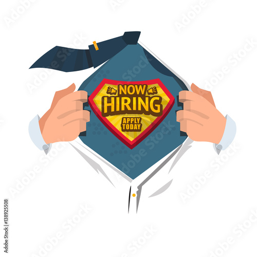 Man open shirt to show "Now Hiring text" in cartoon style - vector