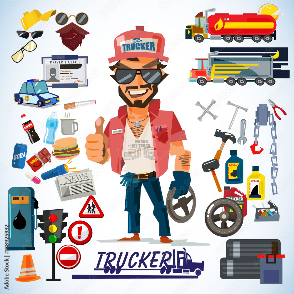 Truck Driver Vector. Animated Trucker Character Creation Set. Full
