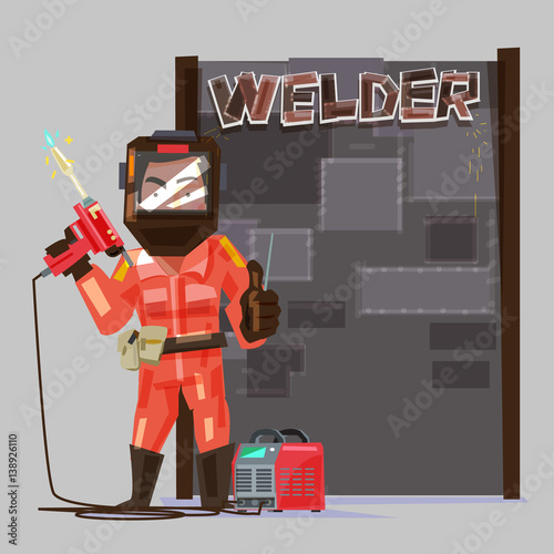 welder in a protective mask holding gas welding machine.  welded metal sheets board to presentation. character design - vector