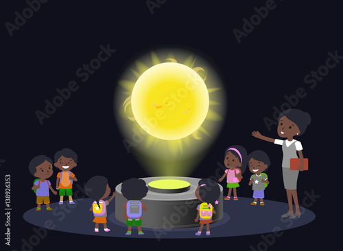 Innovation education elementary school african brown skin black hair group kids planetariun science sun. hologram on space future museum center. vector illustration.