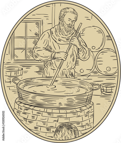 Fotografija Medieval Monk Brewing Beer Oval Drawing