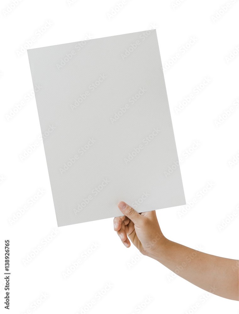 Close up hand holding blank white paper card on white background. File contains a clipping path. Close up hand holding blank white paper card on white background. File contains a clipping path.
