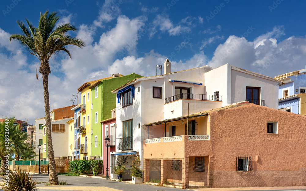 Old town of La Vila Joiosa. Colorful houses on the Mediterranean Sea in southern Spain