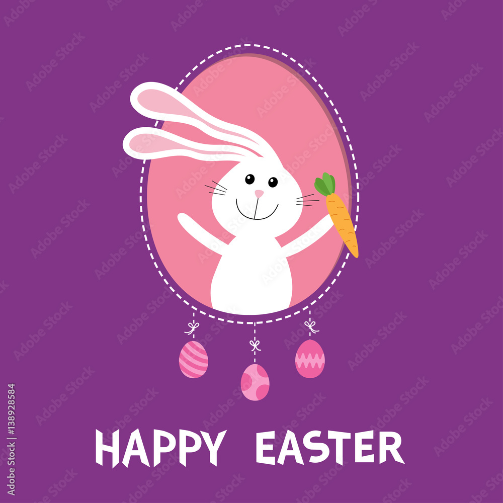Happy Easter. Bunny rabbit hare holding carrot inside frame window. Dash line contour. Hanging painted egg set. Cute cartoon character. Baby greeting card. Violet background. Flat design. Happy Easter. Bunny rabbit hare holding carrot inside frame window. Dash line contour. Hanging painted egg set. Cute cartoon character. Baby greeting card. Violet background. Flat design.
