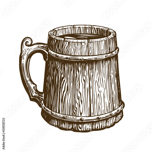 Hand-drawn vintage wooden mug of craft beer. Ale, brew, drink symbol. Sketch vector illustration