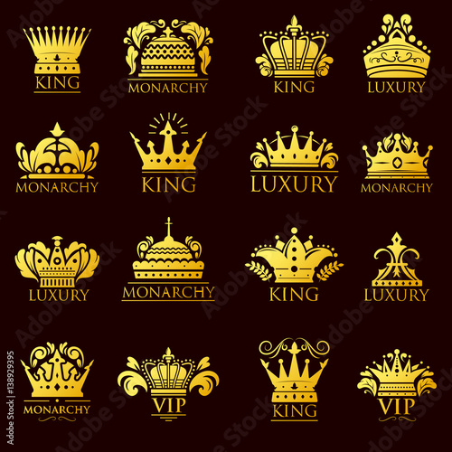 Crown king vintage premium golden yellow badge heraldic ornament icon tiara logo and luxury emblem kingdom princess baroque vector illustration.