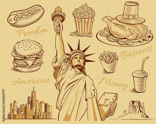 typical american food, Statue of liberty, manhattan skyline monument valley, USA, NYC