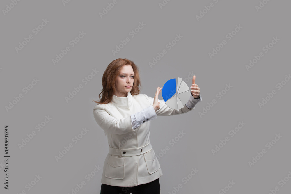 Woman shows a pie chart, circle diagram. Business analytics concept. Woman shows a pie chart, circle diagram. Business analytics concept.