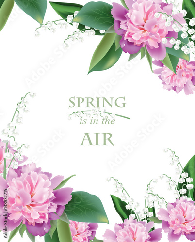 Spring peonies and lilly of the valley flowers bouquet card background. Beaut...