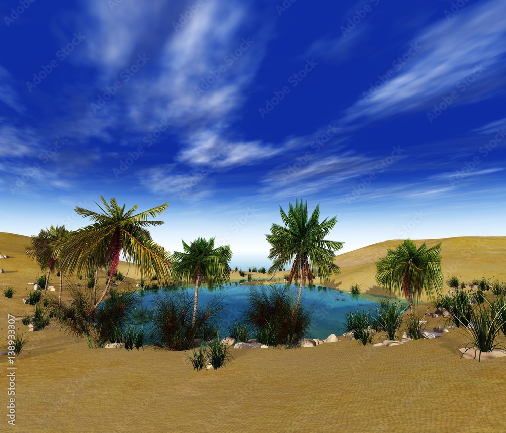 Fototapeta premium Beautiful oasis in the desert sand, palm trees over the water, 3d rendering 