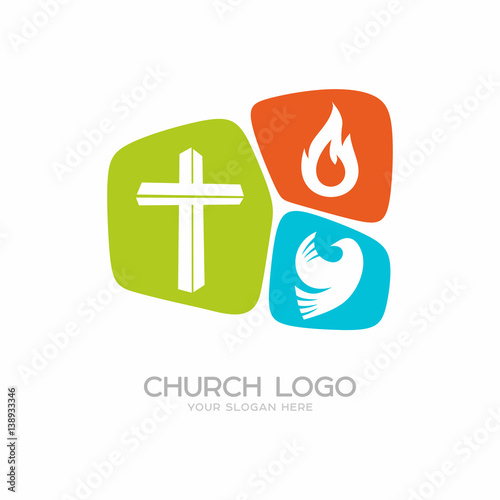 Church logo. Christian symbols. The cross of Jesus Christ, a dove - the Holy Spirit and flame.