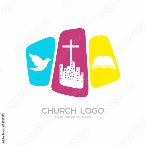 Church logo. Christian symbols. The city and the cross of Jesus Christ, a dove - the Holy Spirit and the Bible.