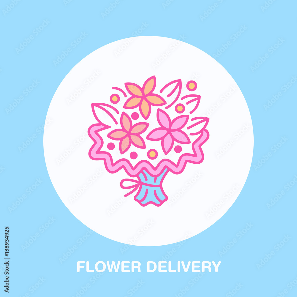 Flower delivery line icon. Vector logo for floral decoration service. Flower shop thin linear symbol, bouquet illustration. Flower delivery line icon. Vector logo for floral decoration service. Flower shop thin linear symbol, bouquet illustration.