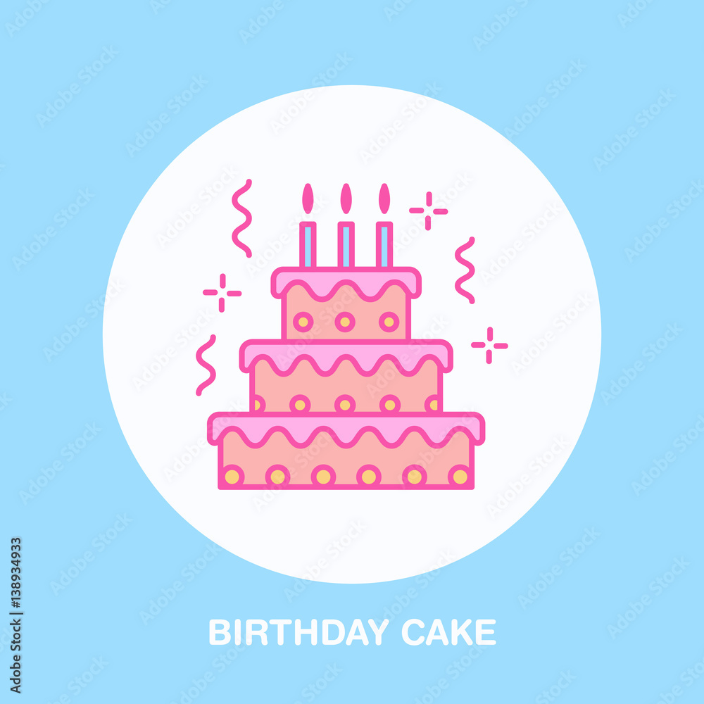 Birthday cake line icon. Vector logo for bakery, party service. Tasty torte thin linear symbol for event agency. Linear illustration of dessert. Birthday cake line icon. Vector logo for bakery, party service. Tasty torte thin linear symbol for event agency. Linear illustration of dessert.