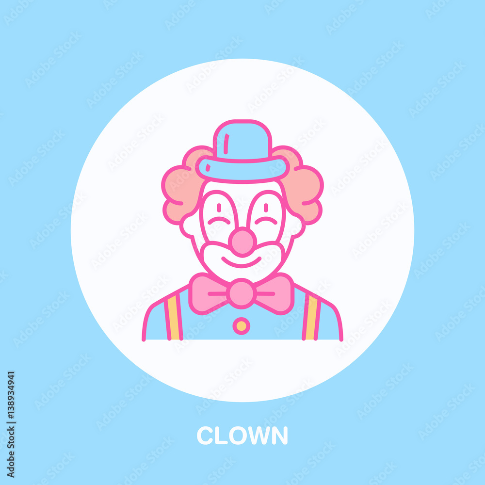 Cute smiling clown line icon. Vector logo for circus, party service or event agency. Linear illustration of kids birthday performance classic character.