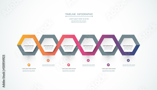 Vector infographics timeline design template with 3D paper label, integrated circles for 6 steps process. Blank space for content, business, infographic, flowchart, diagram, time line, infograph