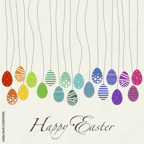 Cover design day cards happy Easter. Depicts a lot of eggs with various ornaments rainbow colors and the phrase happy easter in black on a beige background.