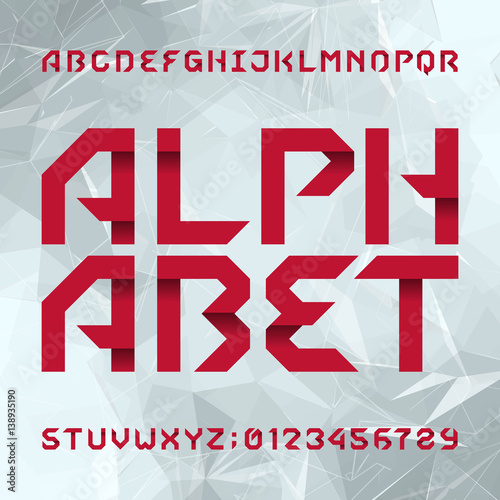 Decorative alphabet typeface. Type letters and numbers on a light сoloured polygonal background. Vector font for your design.