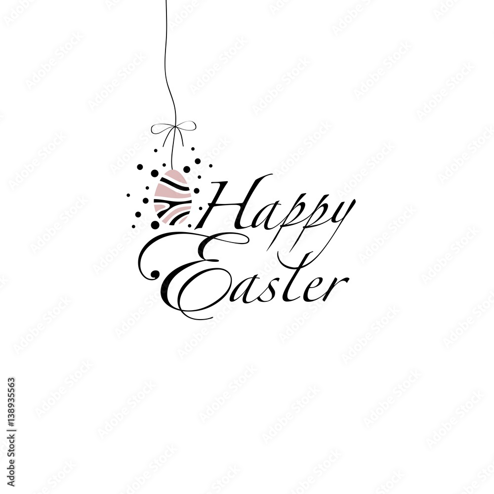 Cover design greeting cards for happy Easter. Shows one egg with ornaments on them and the phrase Happy Easter on a white background. Used pink, white and black colors.