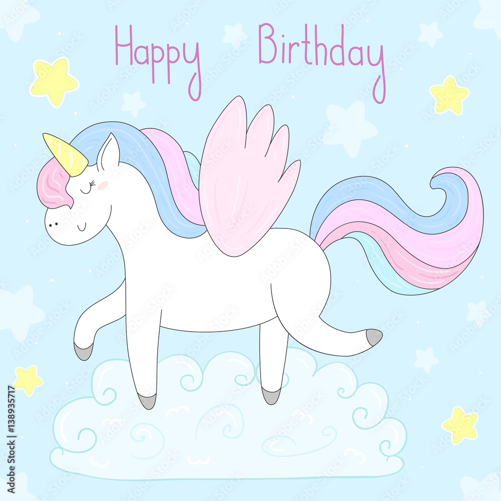 Cute unicorn print for kids. happy birthday card Cute unicorn print for kids. happy birthday card
