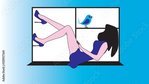 Girl lies on the windowsill and looks at birdie.