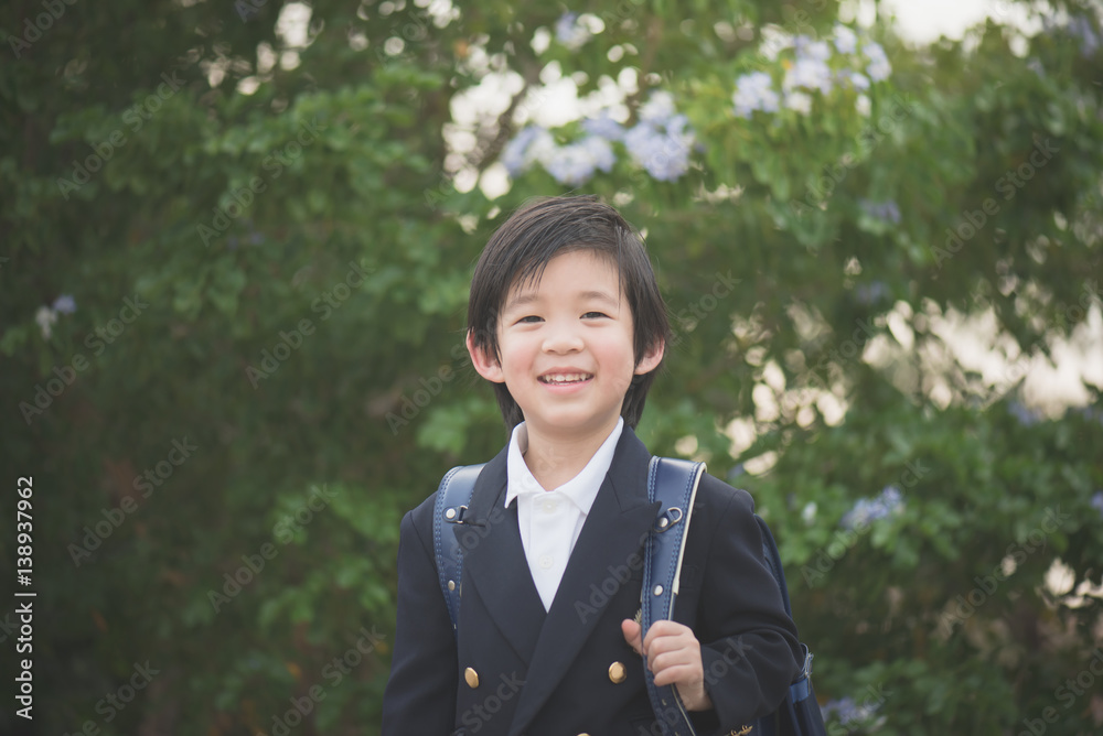 Asian student with backpack look up Asian student with backpack look up
