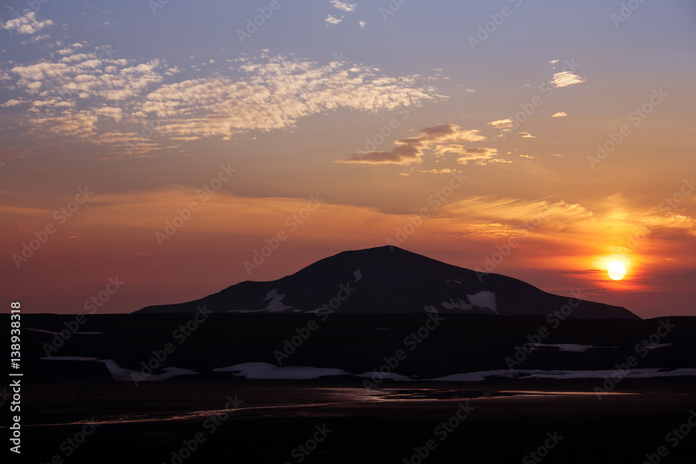 Beautiful landscape view Sunrise over the volcano Tolbachik.