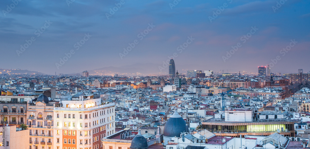 Barcelona skyline panorama at night.