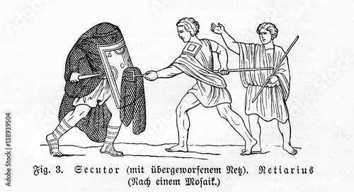 Roman gladiators - secutor (pursuer) fight with retiarius (net fighter)  (from Meyers Lexikon, 1895, 7/607) photo
