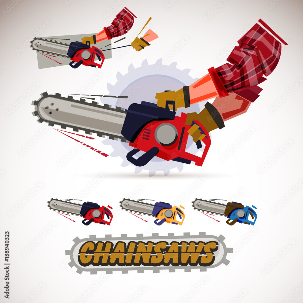 Chainsaw holding by male arms . hand pulling sling to start engine. set of chainsaws with typographic design- vector Chainsaw holding by male arms . hand pulling sling to start engine. set of chainsaws with typographic design- vector