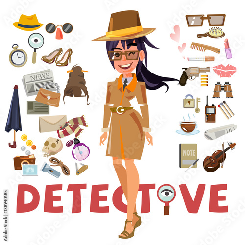 detective female character design with equipment. icon set elements. typographic design - vector