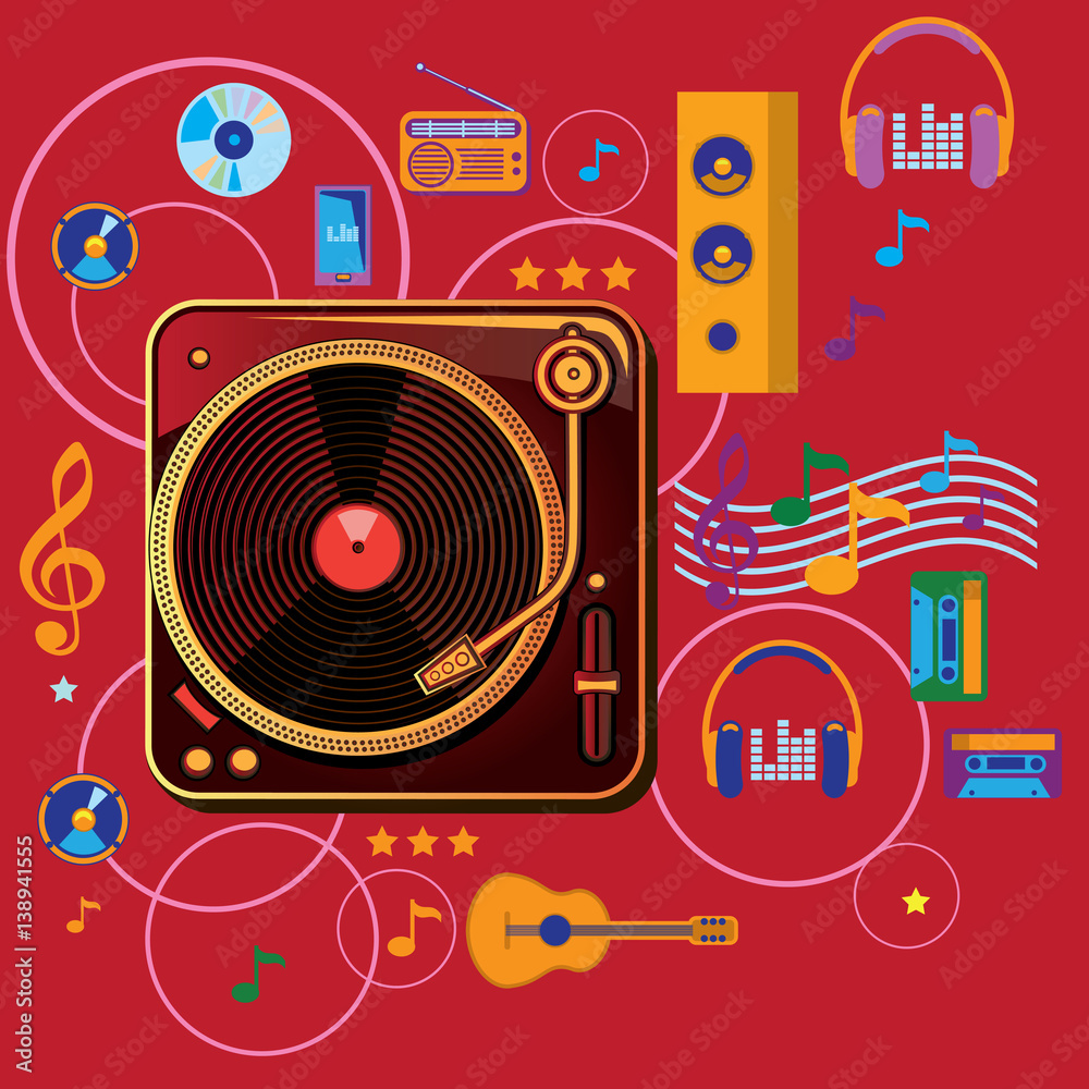 Turntable on funky musical background