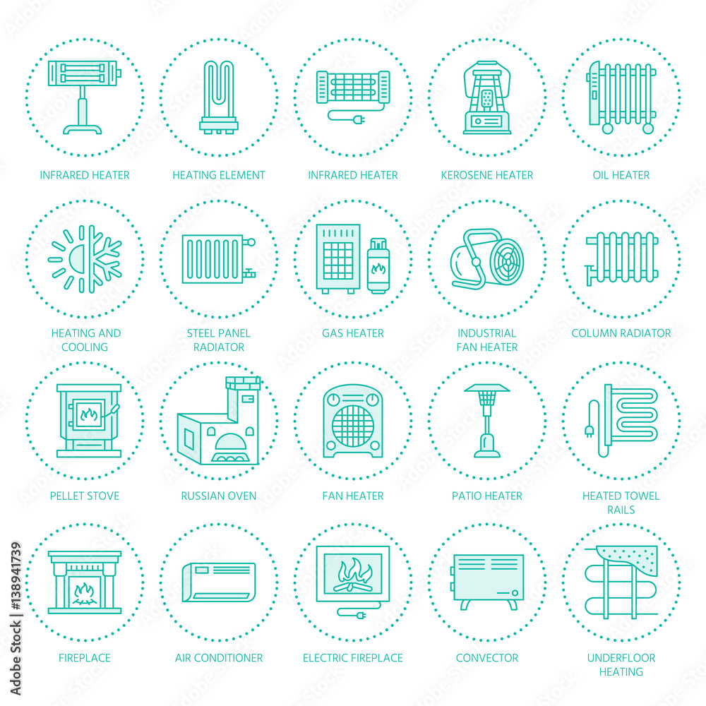 Oil heater, fireplace, convector, panel column radiator and other house heating appliances line icons. Home warming thin linear pictogram such as kotatsu, Russian oven. Equipment store signs. Oil heater, fireplace, convector, panel column radiator and other house heating appliances line icons. Home warming thin linear pictogram such as kotatsu, Russian oven. Equipment store signs.